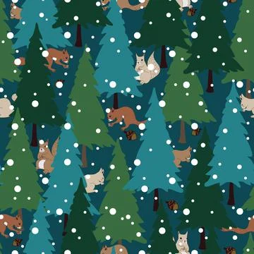 Green forest repeat pattern design trees and squirrels Stock Illustration