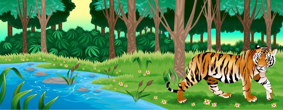 Green forest with a tiger Stock-Illustration