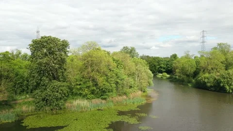 Green forest with townscape in the background elevation shot Video stock 155502260