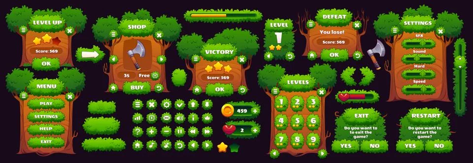 Green forest tree game interface frame and buttons Stock Illustration