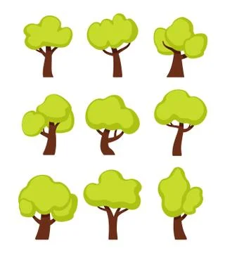 Green forest trees cartoon vector illustrations set Stock Illustration