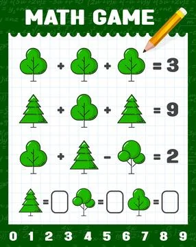 Green forest trees math game worksheet riddle Illustrazione stock