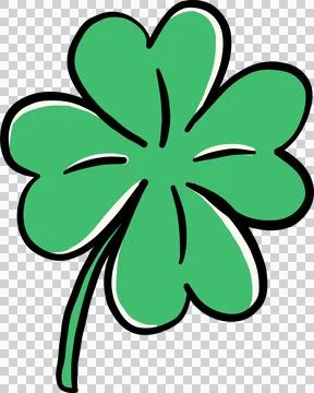 Green Four Leaf Clover with Stem St Patrick Day Cartoon Hand Drawn Stock Illustration