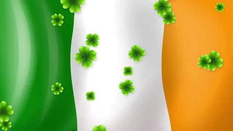 Green Four Leaf Clovers Falling Over Waving Irish Tricolor Flag Background Video stock 342117769