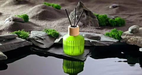 Green fragrance diffuser on a lunar landscape with pond. Stock Footage 337372984