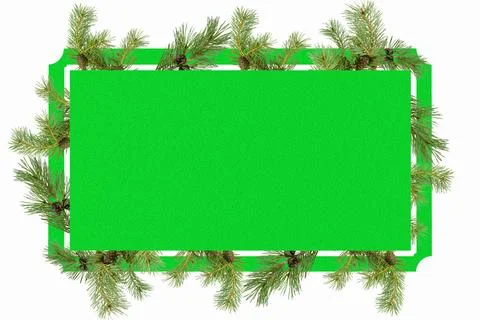 The green frame is decorated with pine branches with cones. Stock Illustration