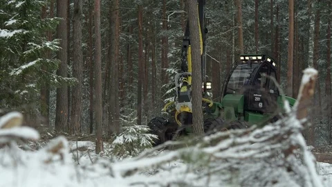 Green freight forwarder working in the forest in winter Stock Footage 70415561