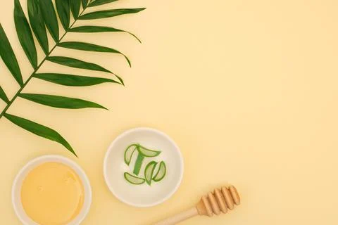 Green fresh aloevera leaf with aloe gel and pure honey in glass bowl isolated on Stock Photos