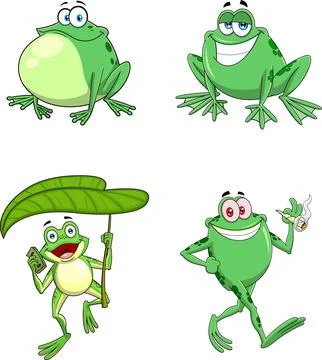 Green Frog Cartoon Characters. Vector Hand Drawn Collection Set Stock Illustration