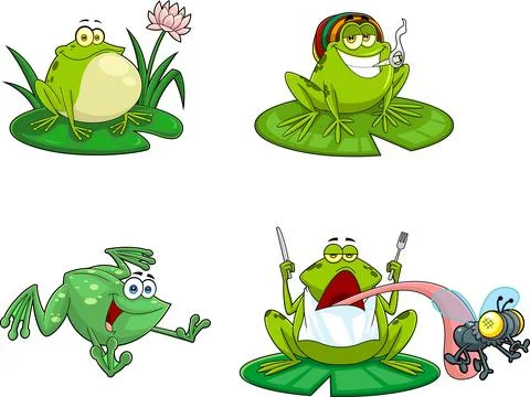 Green Frog Cartoon Characters. Vector Hand Drawn Collection Set 스톡 일러스트