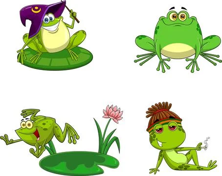 Green Frog Cartoon Characters. Vector Hand Drawn Collection Set Stock Illustration