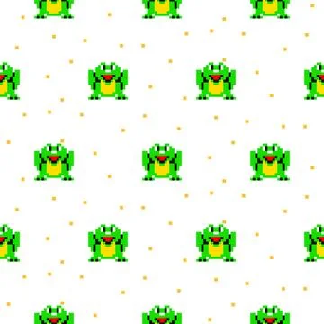 Green frog cartoon pixel art seamless pattern. Stock Illustration