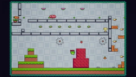 Green Frog Collecting Fruit and Dodging Enemies in Vintage Platformer Videogame Stock Footage 278317457