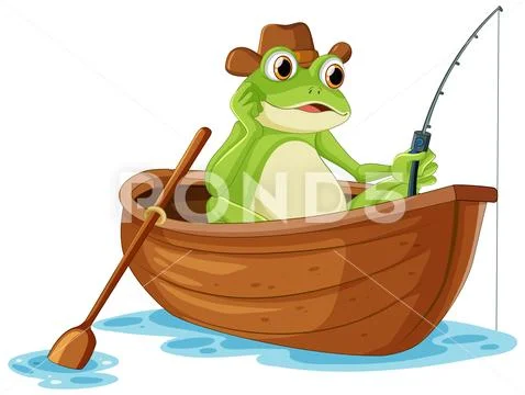 Green frog fishing on the boat cartoon Illustration #244304812