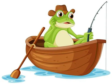 Green frog fishing on the boat cartoon Illustration #244304812