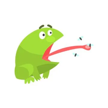 Green Frog Funny Character Catching Flies With Its Tongue Childish Cartoon Stock Illustration