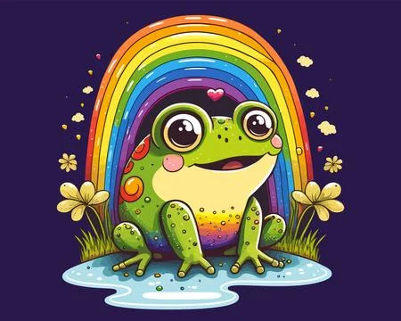 A green frog sits in a puddle under a colorful rainbow. Stock Illustration