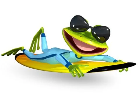 Green frog on a surfboard Stock Illustration