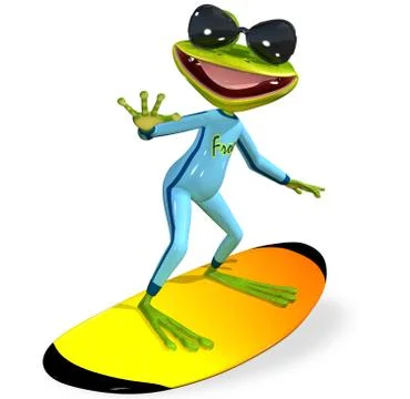 Green frog on a surfboard Stock Illustration