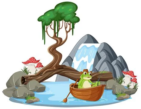 Green Frog in Waterfall Scene Stock-Illustration