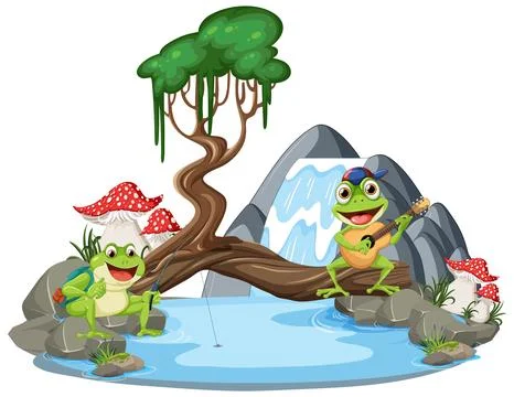 Green Frog in Waterfall Scene Stock Illustration