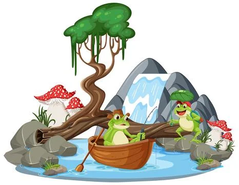 Green Frog in Waterfall Scene Stock Illustration