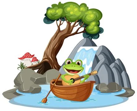 Green Frog in Waterfall Scene Stock Illustration