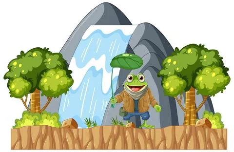 Green Frog in Waterfall Scene Stock Illustration