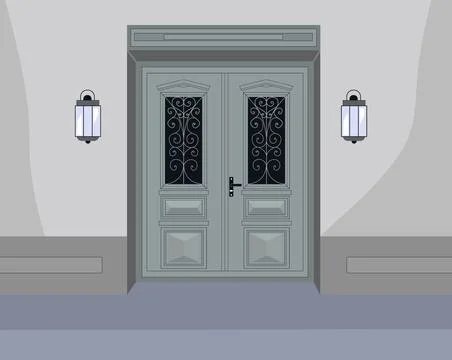 Green front door with window bars and outside lights. Stock-Illustration