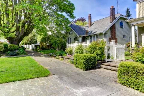 Green front yard with walkway Stock Photos