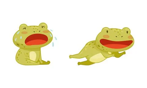 Green funny frog characters set. Cute toad amphibian animal crying and jumping Stock Illustration