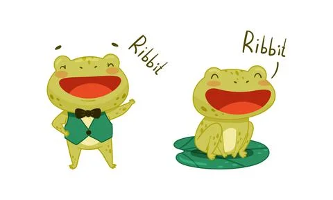 Green funny frog characters set. Cute croaking toad amphibian animal cartoon Stock Illustration