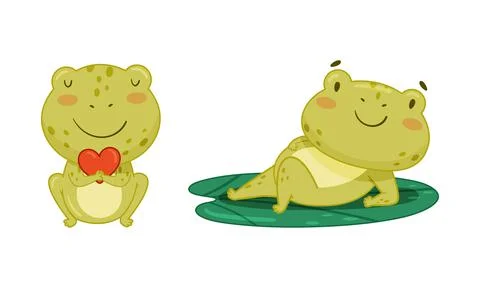 Green funny frog characters set. Cute happy toad amphibian animal cartoon vector Stock Illustration