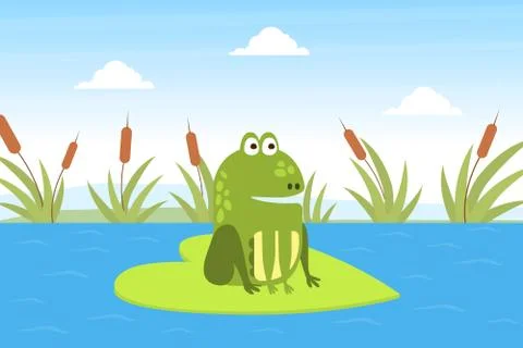 Green Funny Frog Sitting on Leaf in Pond, Cute Amphibian Creature on Lily Pad 스톡 일러스트