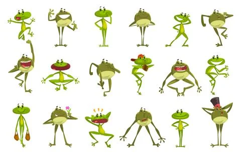 Green Funny Frogs Character in Various Pose and Face Expression Vector Set Stock Illustration
