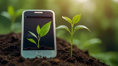 Green future multimedia content creation symbolized by growing seedling on .. Stock Photos