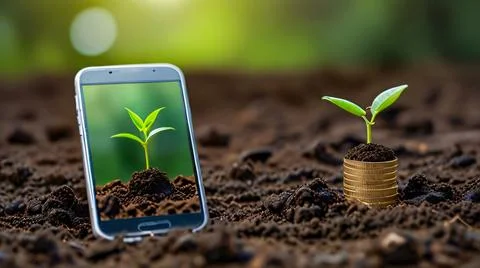 Green future multimedia content creation symbolized by growing seedling on .. Stock Photos