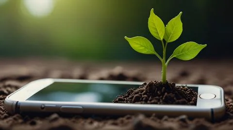 Green future multimedia content creation symbolized by growing seedling on .. Stock Photos