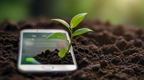 Green future multimedia content creation symbolized by growing seedling on .. Stock Photos