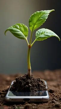 Green future multimedia content creation symbolized by growing seedling on .. Stock Photos