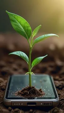 Green future multimedia content creation symbolized by growing seedling on .. Stock Photos