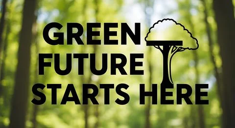 Green future starts here message with tree icon on blurred forest backgroun.. Stock Illustration