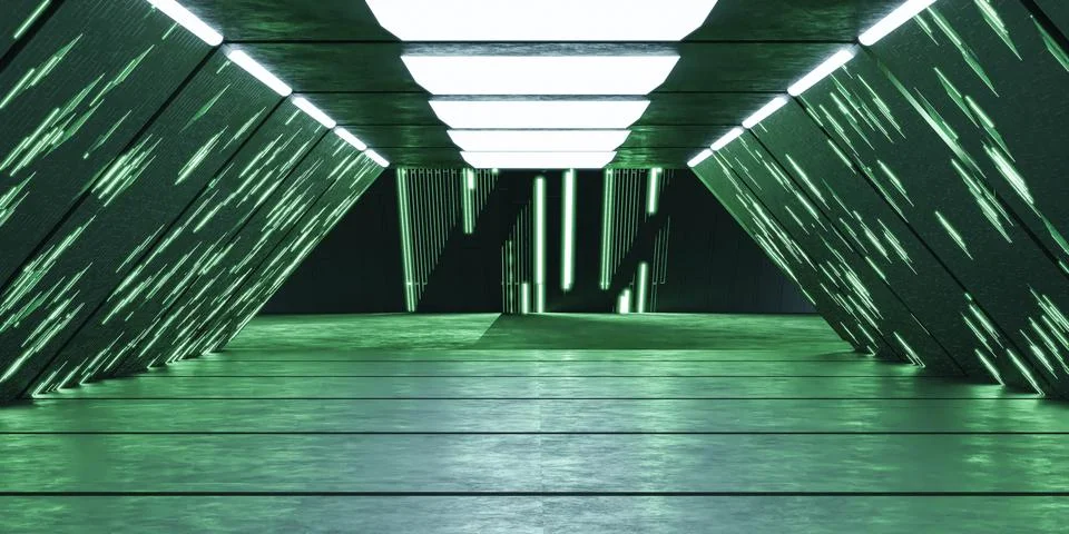 Green future technology metal structure spaceship interior design 3d render Stock Illustration