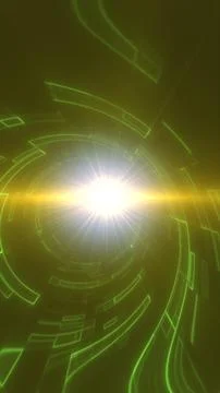 Green futuristic circular interface with bright central light burst, digita.. Illustrazione stock