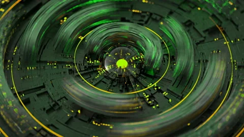 Green futuristic circular shape is rotating seamless loop 3D render animation Stock Footage 164284870