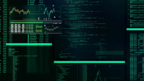 Green futuristic control panel with ruung applications, moving code listings, Stock Footage 101452740