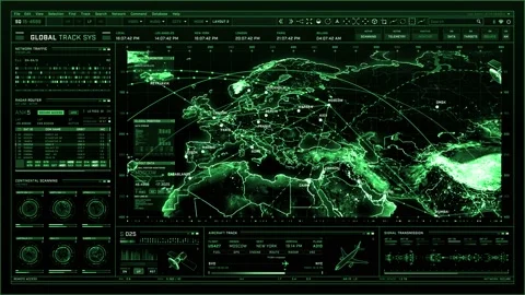 Green futuristic digital interface screen. Cyber map, progress, targeting Stock Footage 141603352