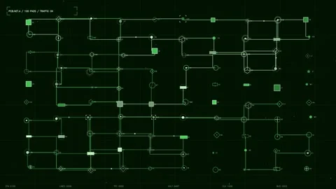 Green Futuristic HUD Interface Displaying PCB Network Diagram with Data Tel.. Stock Footage 334090224