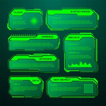 Green futuristic HUD, UI elements. Sci-fi user interface text boxes, callouts Stockillustratie