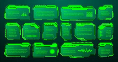 Green futuristic HUD, UI elements. Sci-fi user interface text boxes, callouts Stock Illustration
